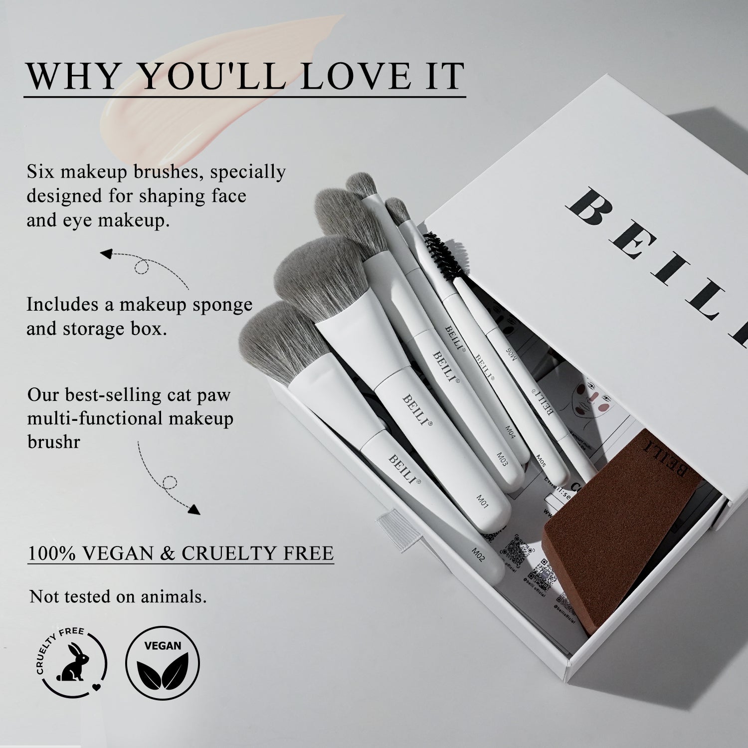 BEILI 6PCS Travel Mini Makeup Brushes, Portable Small Cosmetic Brushes Kit For Powder, Highlight, Eyeshadow, Contour, Eyebrow, Eyelash, Synthetic Bristles (White)