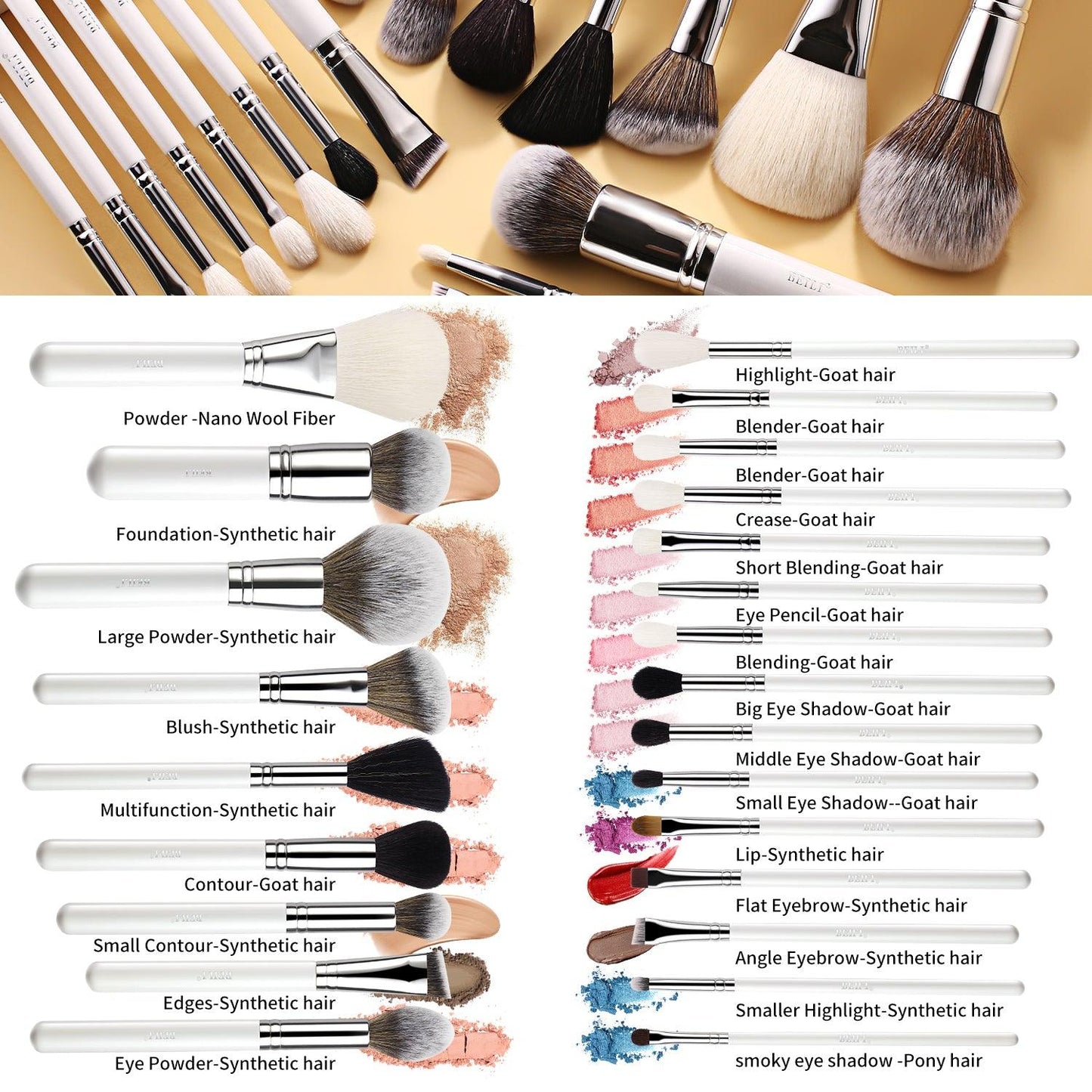 White Professional Makeup Brush Set 24Pcs, Synthetic WM24 - BEILI Official Shop