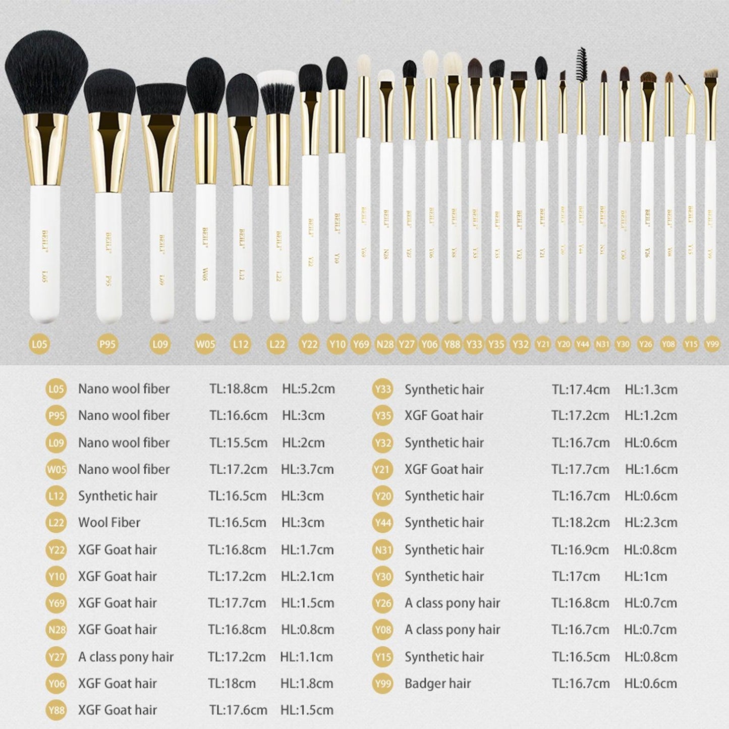 Black Natural-Synthetic Professional Makeup Brush Set 25Pcs, White WB-S25 - BEILI Official Shop