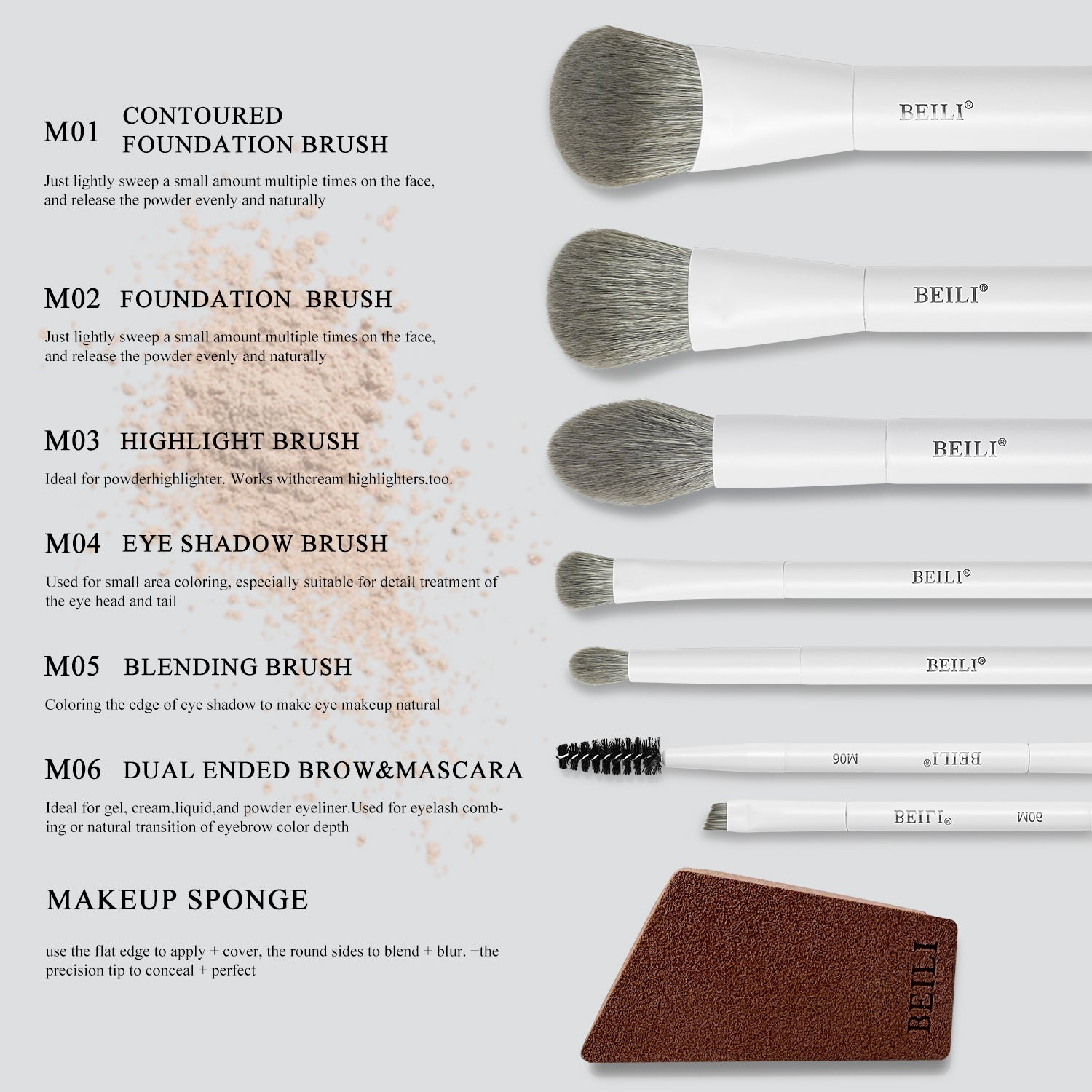 BEILI 6PCS Travel Mini Makeup Brushes, Portable Small Cosmetic Brushes Kit For Powder, Highlight, Eyeshadow, Contour, Eyebrow, Eyelash, Synthetic Bristles (White)