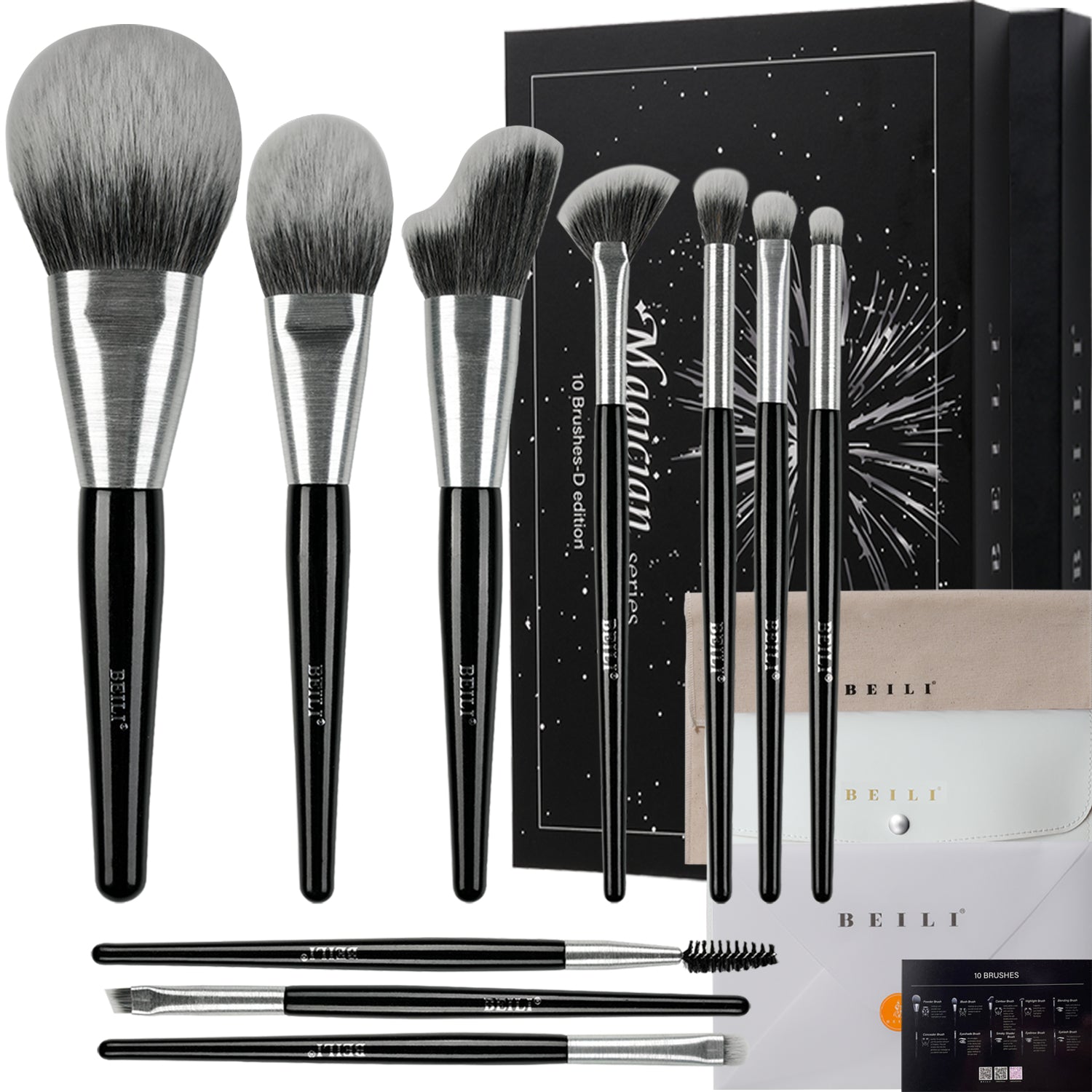 BEILI 10Pcs Make Up Brush Set Wood-Pearlescent Silk-Black MD10