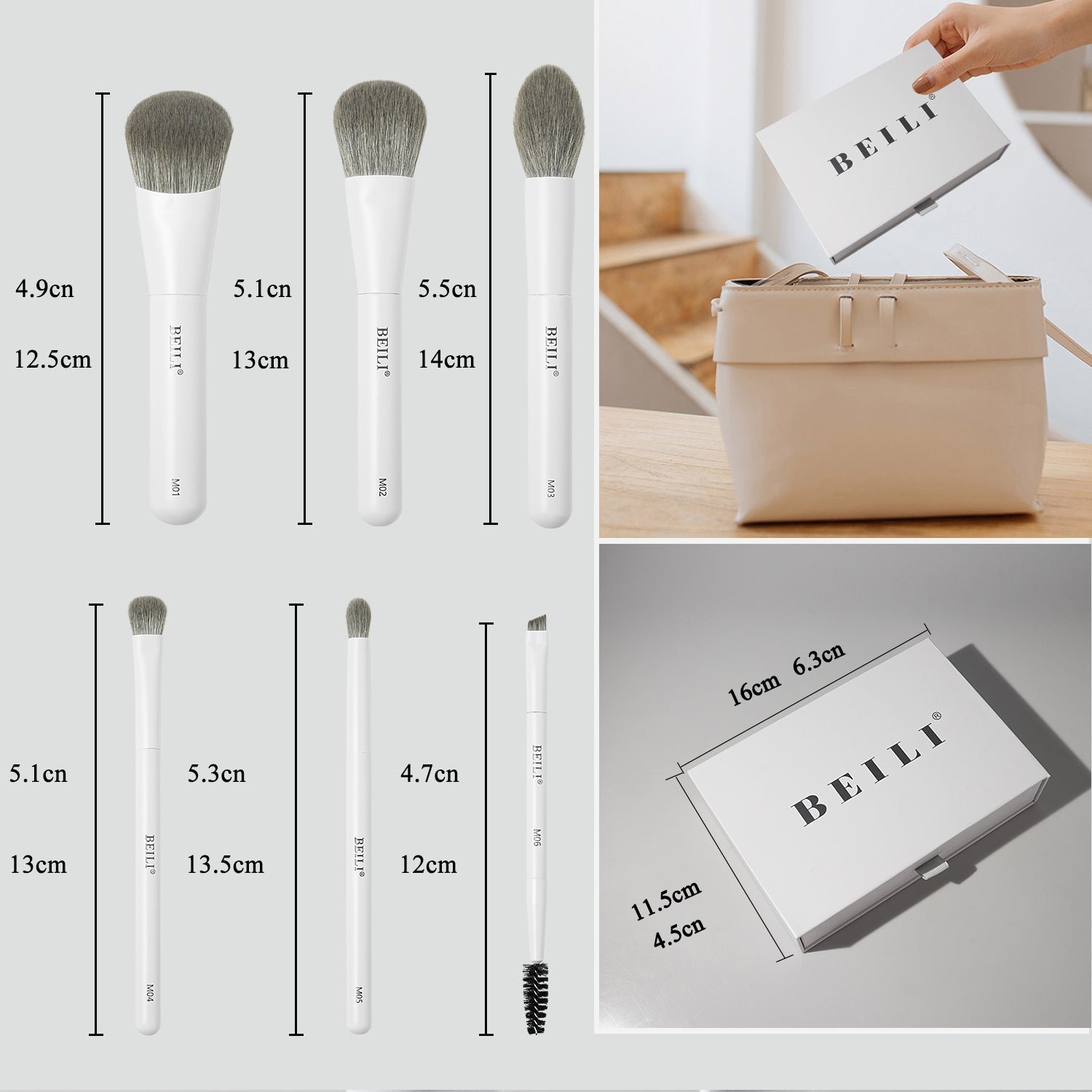 BEILI 6PCS Travel Mini Makeup Brushes, Portable Small Cosmetic Brushes Kit For Powder, Highlight, Eyeshadow, Contour, Eyebrow, Eyelash, Synthetic Bristles (White)