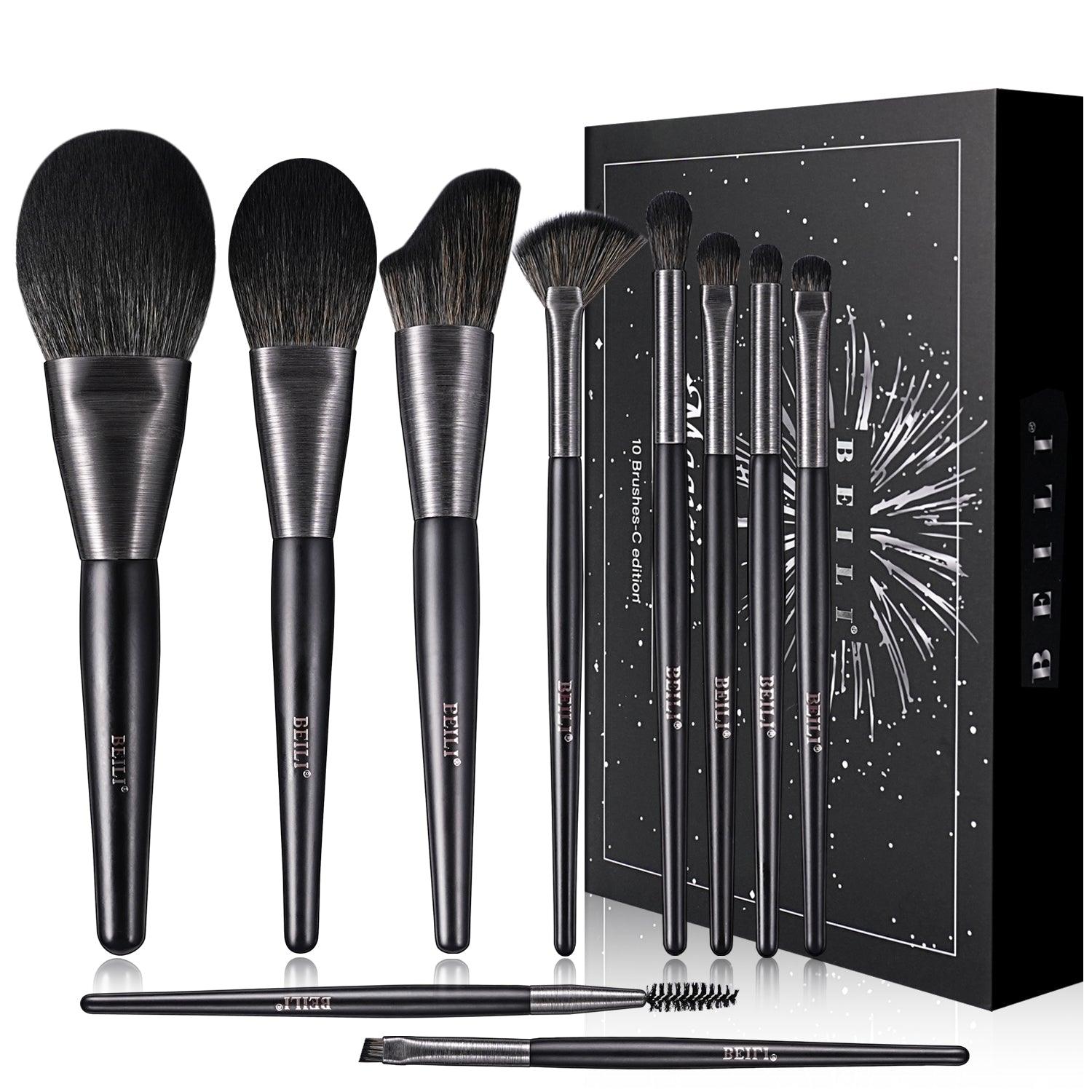 BEILI 10Pcs Make Up Brush Set With Gift Bag Wood - Retro - Black MC10 - BEILI Official Shop