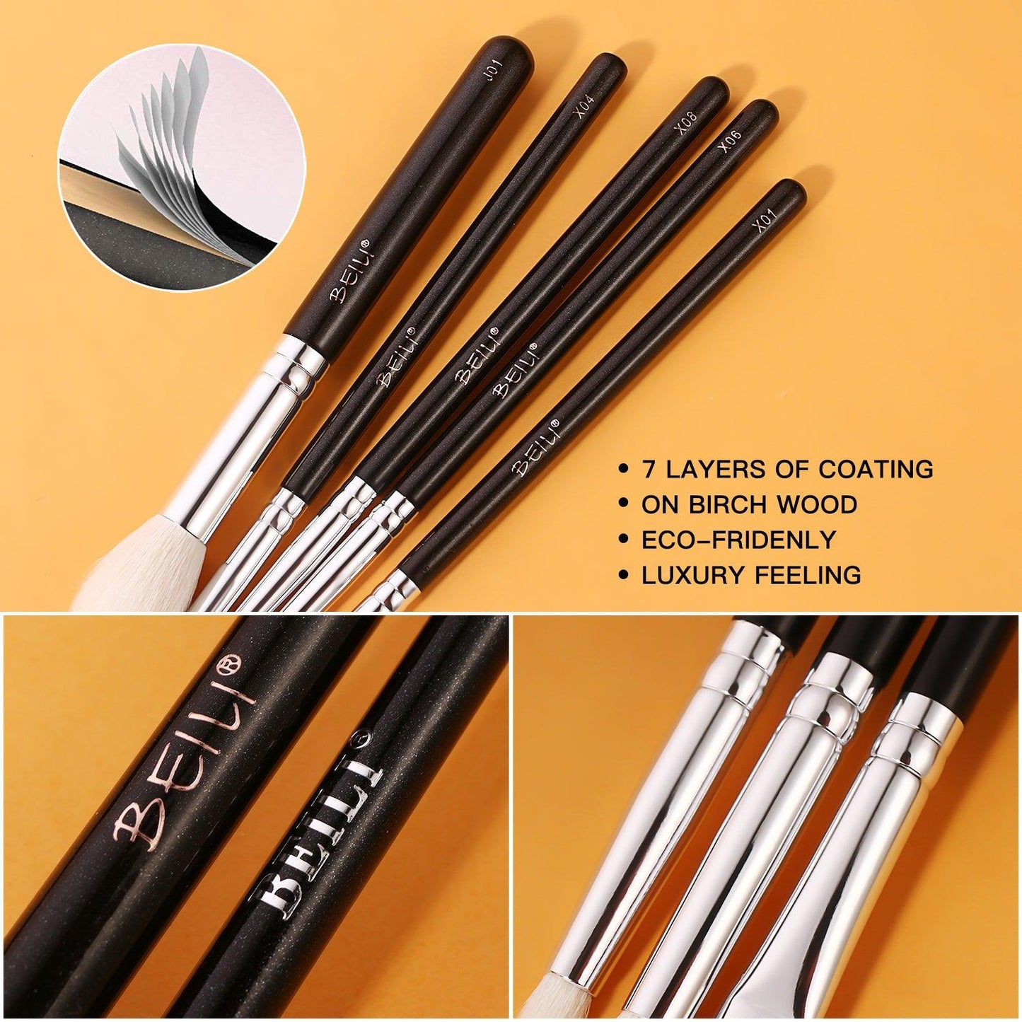 BEILI 6Pcs Eye Makeup Brushes Set Natural Goat-Black X6