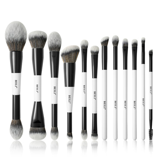 BEILI 12-Piece Makeup Brush Set, Professional Face and Eye Makeup Brushes, Double-Ended Foundation and Blending Brushes, Soft Vegan Bristles for Liquid, Cream and Powder