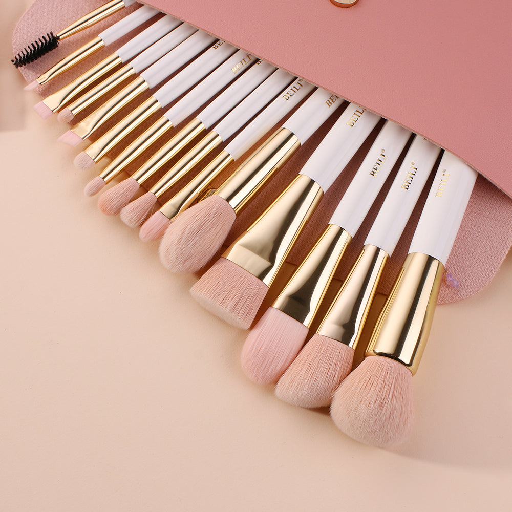 BEILI 15Pcs Premium Pink Vegan Makeup Brush Set WG15