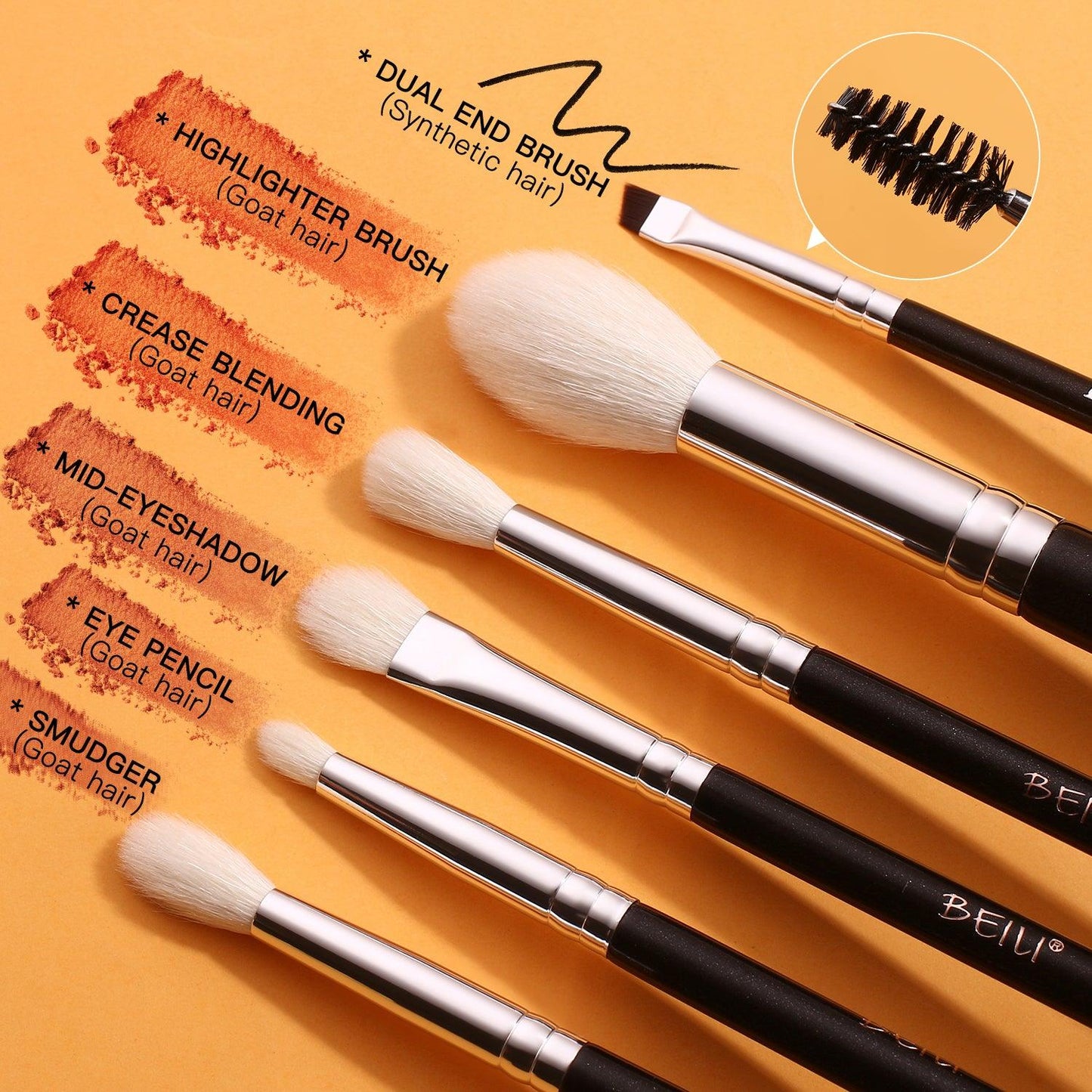 BEILI 6Pcs Eye Makeup Brushes Set Natural Goat-Black X6