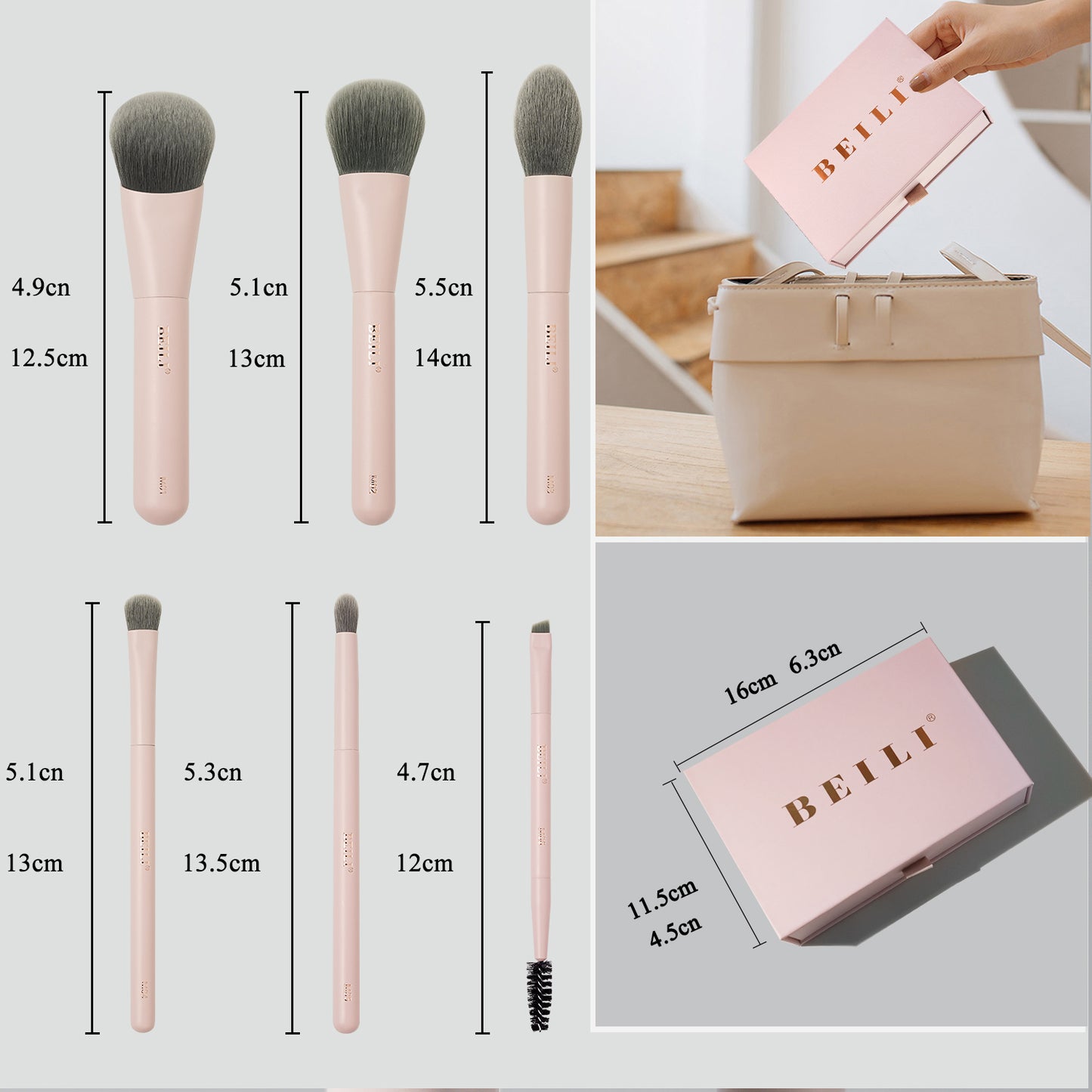 BEILI 6PCS Makeup Brushes Set, Travel Mini Makeup Brushes, Portable Small Cosmetic Brushes Kit For Powder, Highlight, Eyeshadow, Contour, Eyebrow, Eyelash, Synthetic Bristles (Pink)