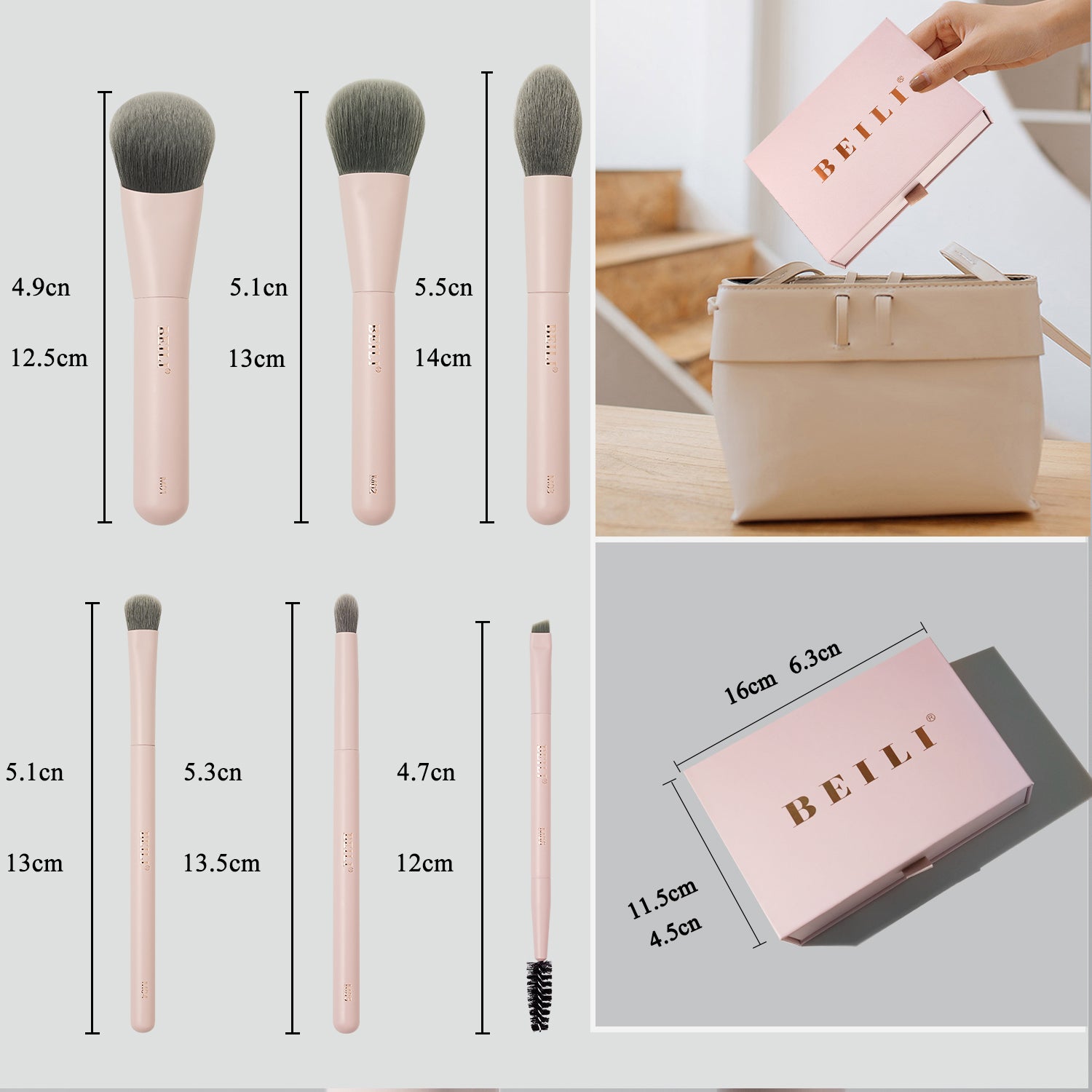 BEILI 6PCS Makeup Brushes Set, Travel Mini Makeup Brushes, Portable Small Cosmetic Brushes Kit For Powder, Highlight, Eyeshadow, Contour, Eyebrow, Eyelash, Synthetic Bristles (Pink)