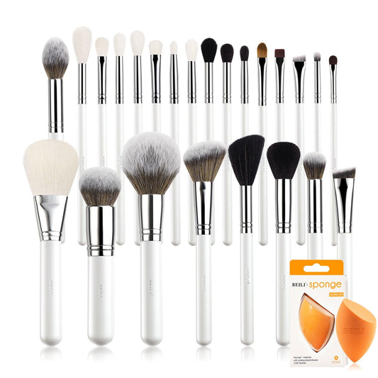 BEILI White Silver 24pcs Pinceles de maquillaje Set Cepillo de ángulo de cabello natural con soporte 